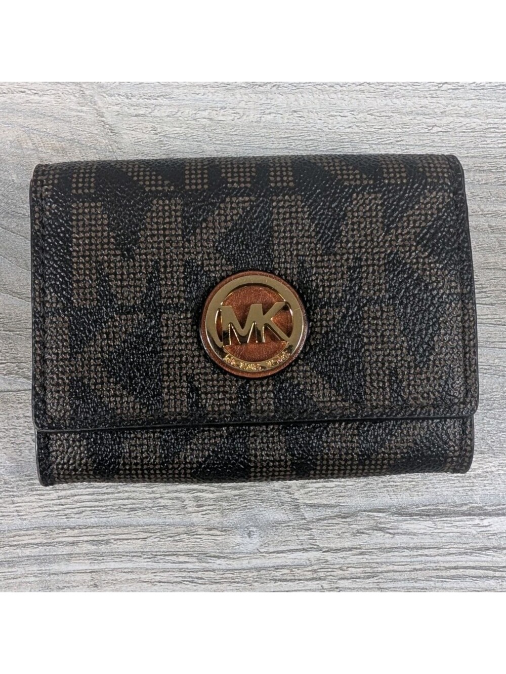 Michael Kors Womens Brown Signature MK Trifold Wallet Card Holder Coin Purse PVC